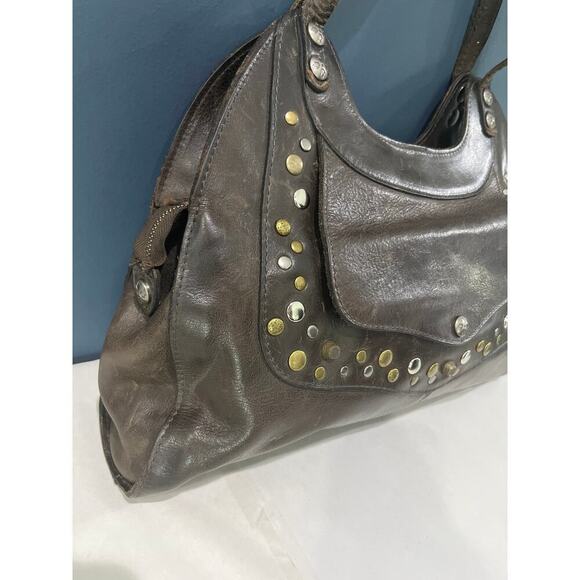 Patricia Nash Dark Brown Studded Ergo Satchel Italian Leather Top Handle Bag - Picture 4 of 11